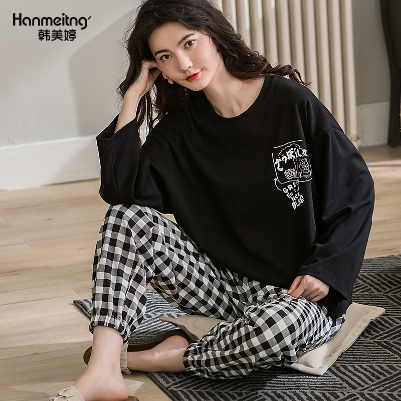 Sleepwear Women Fall Pure Cotton Long Sleeves Black Plaid Relax Can Outwear Casual Home Clothing Spring and Autumn Suit Full Cotton