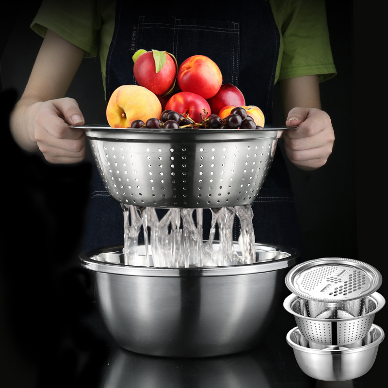 Washing basin drain basket stainless steel kitchen double-layer amoy rice amoy basin washing fruit plastic water control basket large round