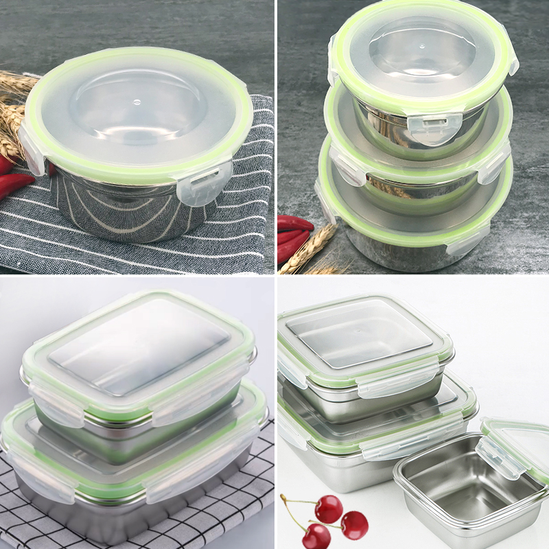 Stainless steel preservation box Household food fruit box Refrigerator storage box Round mini non-food sealed pot lunch box