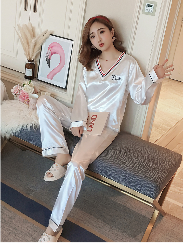 Bộ đồ ngủ nữ băng lụa dài tay mùa thu ngọt ngào dễ thương cô gái sinh viên lỏng lẻo dịch vụ nhà hai mảnh có thể mặc các kiểu đồ bộ ống rộng đẹp