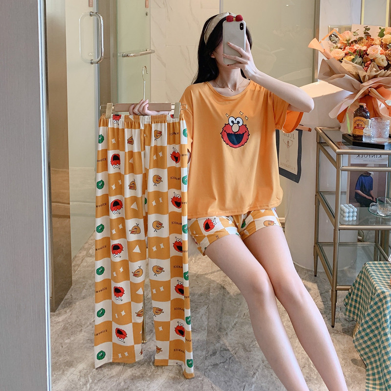 #BX Pant Cover - Sesame Street & Pants + Shorts + TopBig size pajamas female summer lovely Thin pure cotton Short sleeve shorts trousers Three piece suit summer student leisure wear