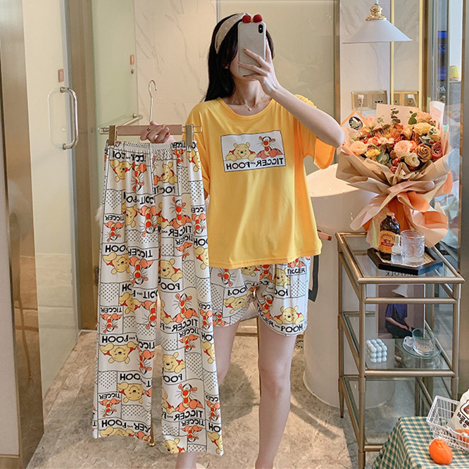 #BX Pant Cover - Pooh & Pant + Shorts + TopBig size pajamas female summer lovely Thin pure cotton Short sleeve shorts trousers Three piece suit summer student leisure wear