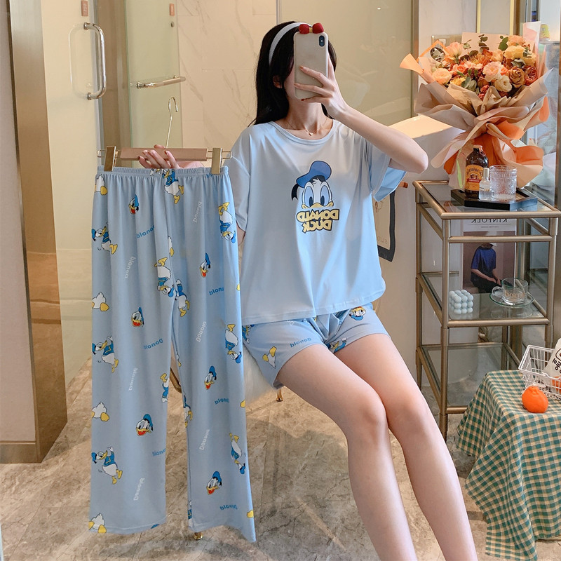 #BX Pant Cover - Donald Duck & Pants + Shorts + TopBig size pajamas female summer lovely Thin pure cotton Short sleeve shorts trousers Three piece suit summer student leisure wear