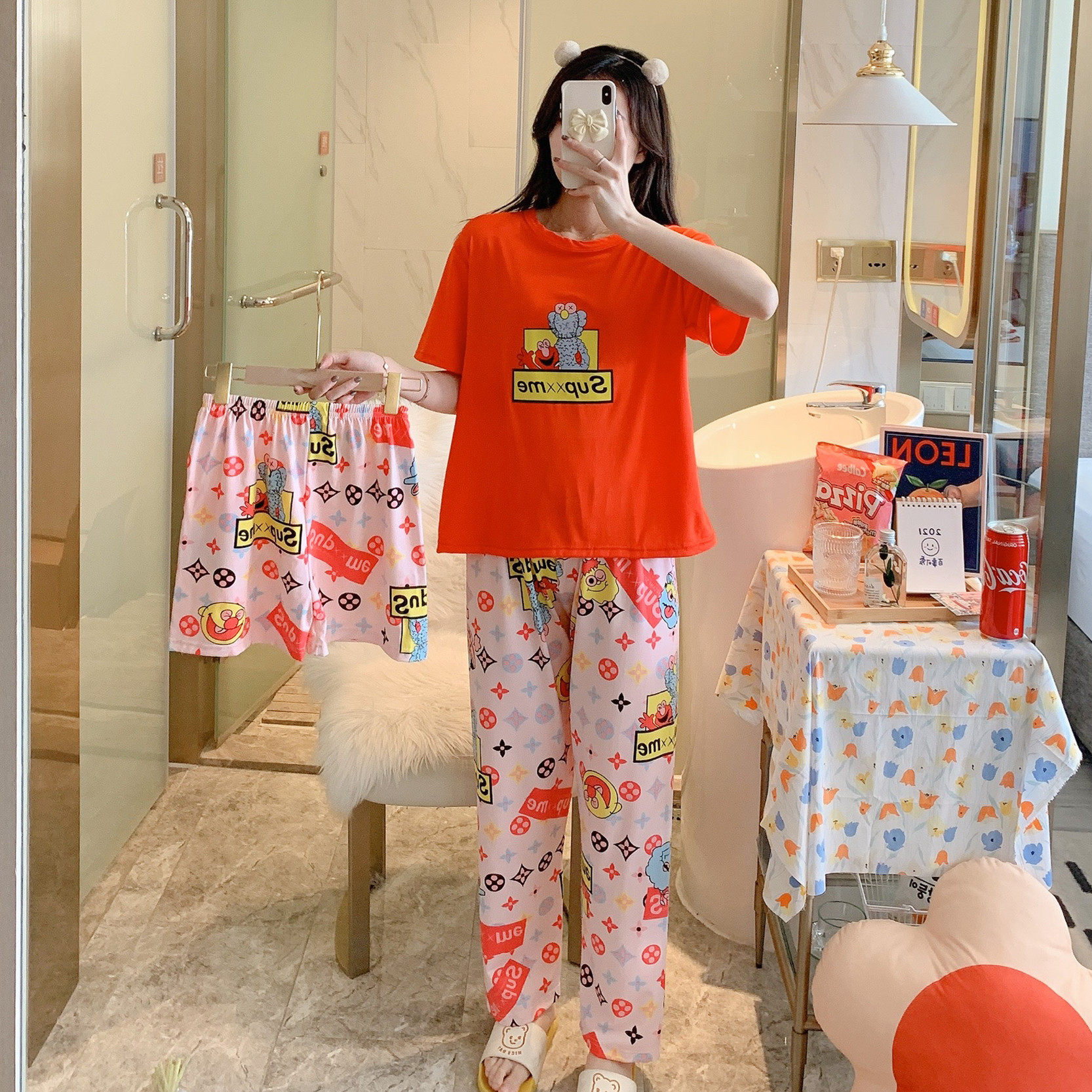 Korean Red & Three Piece Set Sesame StreetBig size pajamas female summer lovely Thin pure cotton Short sleeve shorts trousers Three piece suit summer student leisure wear