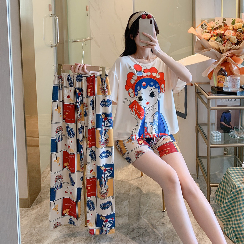 #BX Short Pants Cover - Guochao & Pants + Shorts + TopBig size pajamas female summer lovely Thin pure cotton Short sleeve shorts trousers Three piece suit summer student leisure wear
