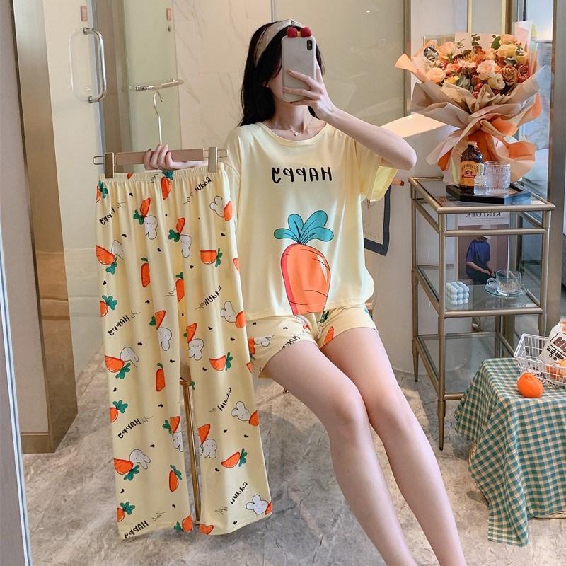 #BX Short Pants Cover - Carrot & Pants + Shorts + TopBig size pajamas female summer lovely Thin pure cotton Short sleeve shorts trousers Three piece suit summer student leisure wear