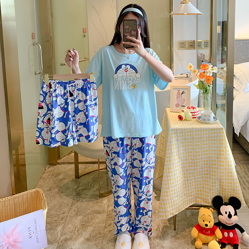 #BX Three Piece Suit-333 & Trousers + Shorts + TopBig size pajamas female summer lovely Thin pure cotton Short sleeve shorts trousers Three piece suit summer student leisure wear