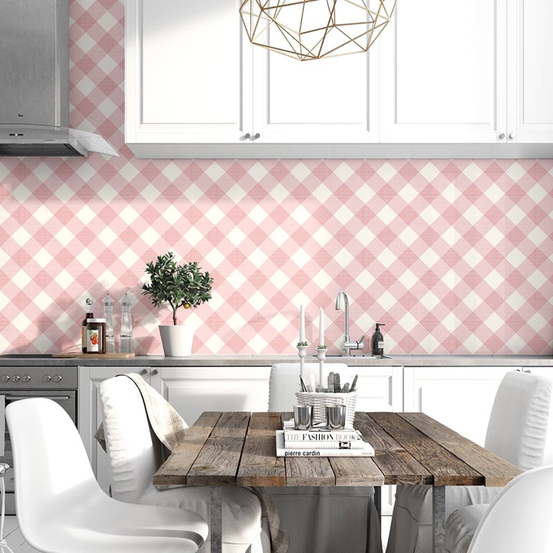 Self-adhesive pink plaid bedroom living room background wall kitchen powder room wallpaper wall decoration makeover waterproof sticker