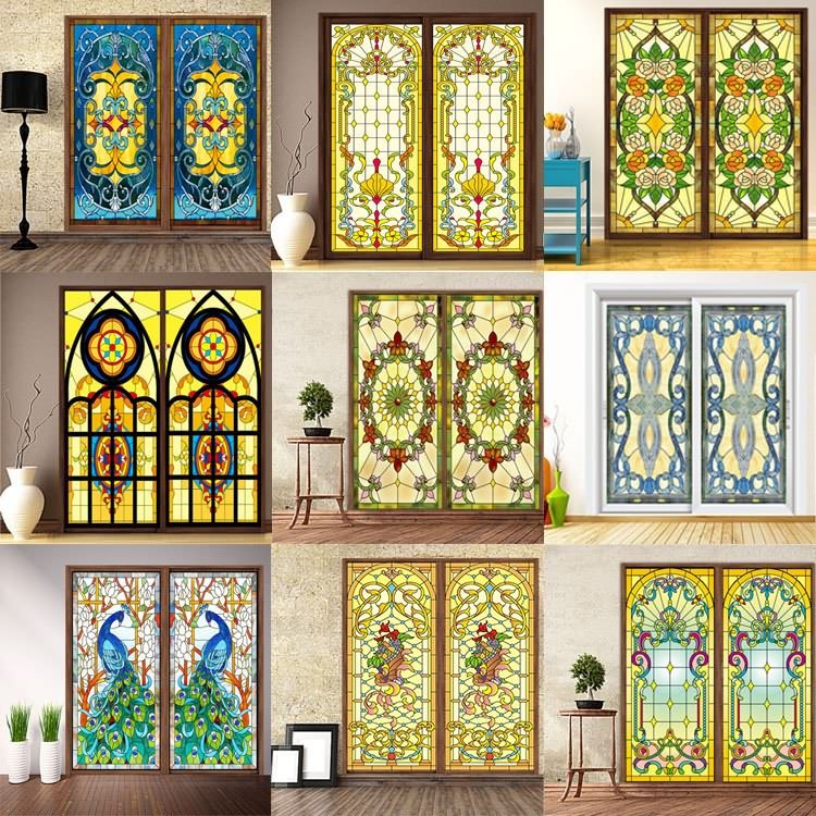 Eurostyle color retro church static glass cling film light transmission opaque moving door applique with integral cabinet furniture window flower stickers