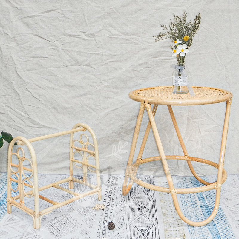 Rattan book and newspaper rack handmade rattan art magazine rack net red retro floor rack table storage small bookshelf ins