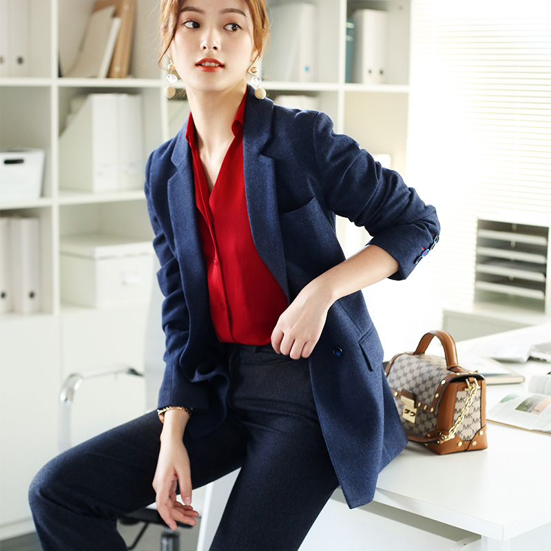 With sails XZ9110 Italian wool starry sky blue Coloured buckle with long version of small suit jacket female autumn winter new