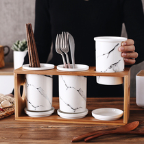 Original multi-function Japanese ceramic three-barrel drain chopstick tube Chopstick holder Chopstick cage Knife and fork storage box Chopstick bucket