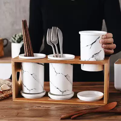 Original multi-function Japanese ceramic three-barrel drain chopstick tube Chopstick holder Chopstick cage Knife and fork storage box Chopstick bucket