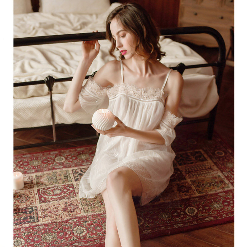 Small fresh female white light romantic fairy night dress full lace sexy pajamas home clothes