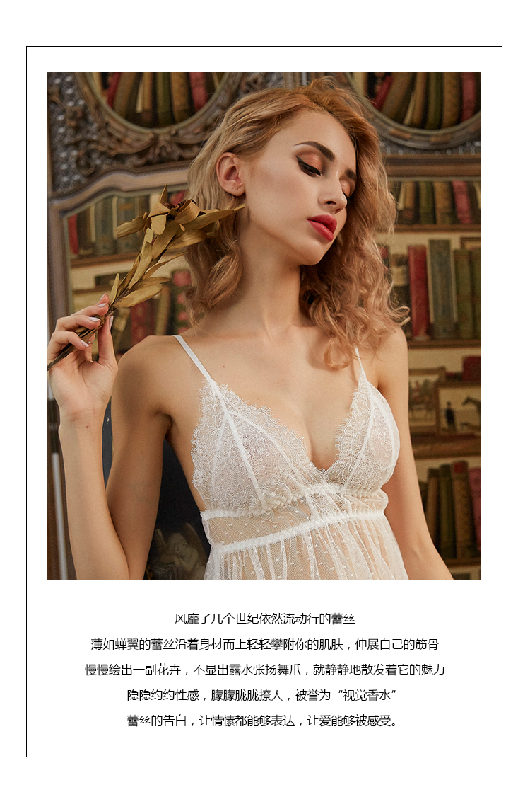 Phối cảnh siêu mỏng cực mỏng điểm sóng lưới bên slit sling váy ngủ cực quyến rũ cực sâu đồ ngủ cổ chữ V phù hợp với nữ Sao do bo