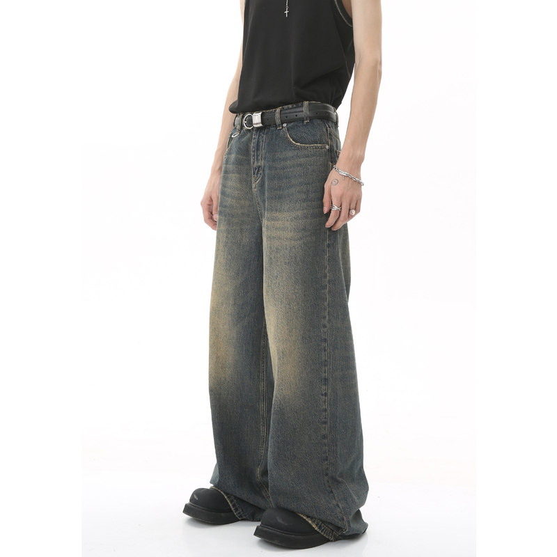 M7 American Retro Clean Fit Hong Kong Style Distressed Loose Straight Wide-Leg Floor-Length Jeans Unisex Vintage Feel