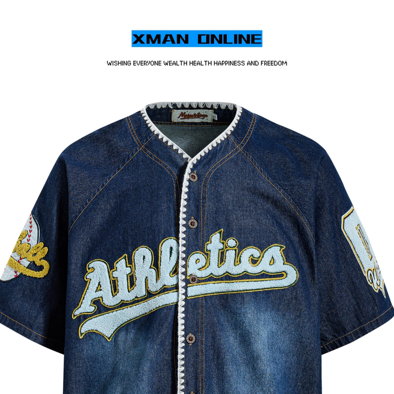 Xman American-Style Denim Round-Neck Short-Sleeve Baseball Jacket, New Spring/Summer Washed Vintage College-Style Retro Shirt