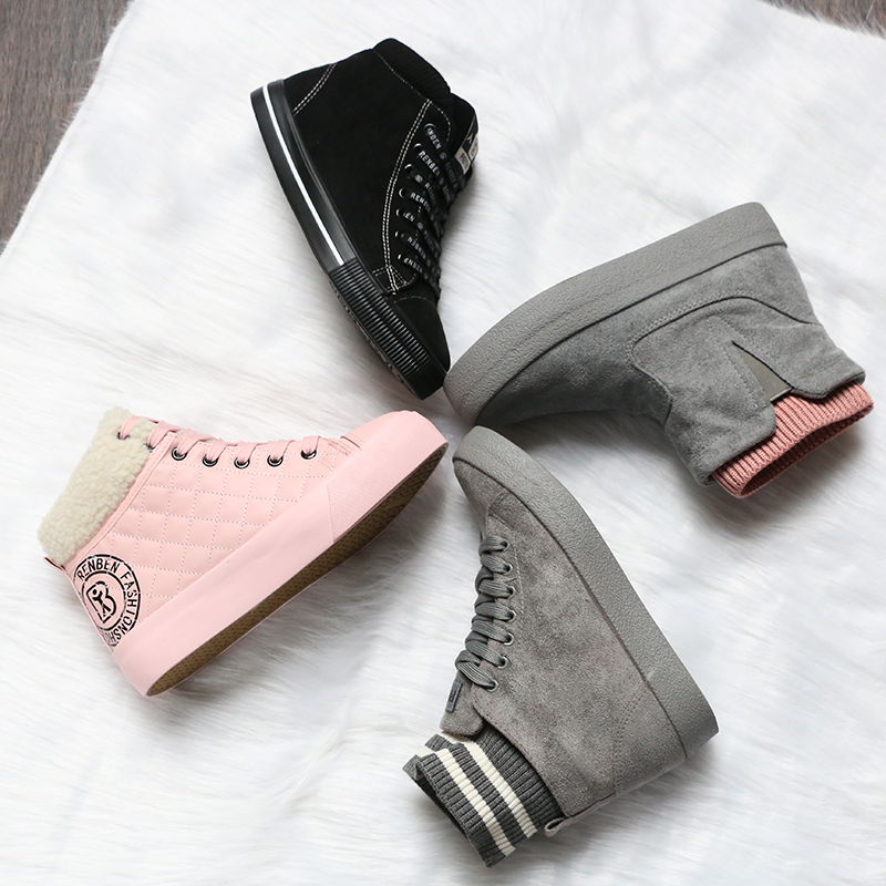 People-oriented cotton shoes girls flat bottom warm Korean wave Joker girls junior high school students plus velvet high-tube canvas shoes