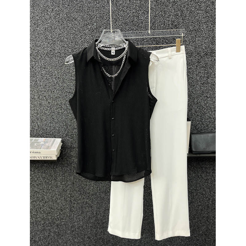 Sleeveless Vest Shirt for Men 2025 Summer Thin Hollow Breathable Comfortable Slim Fit Shirt Versatile Trendy Stylish