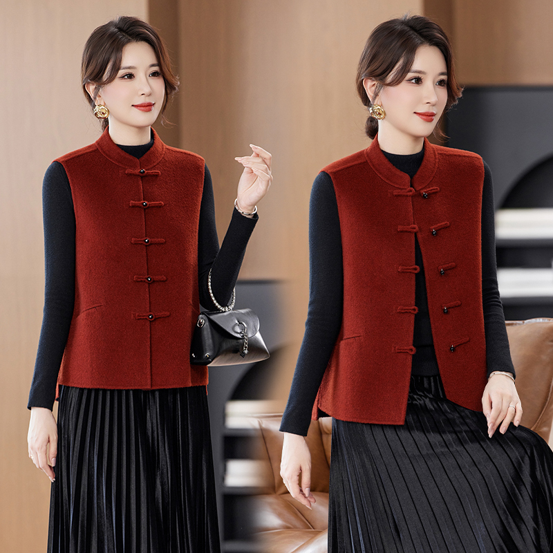 Dior New Chinese-Style Double-Sided Wool Vest for Women, Autumn and Winter Short Style with Large Button, Plus-Size Cashmere Sleeveless Vest