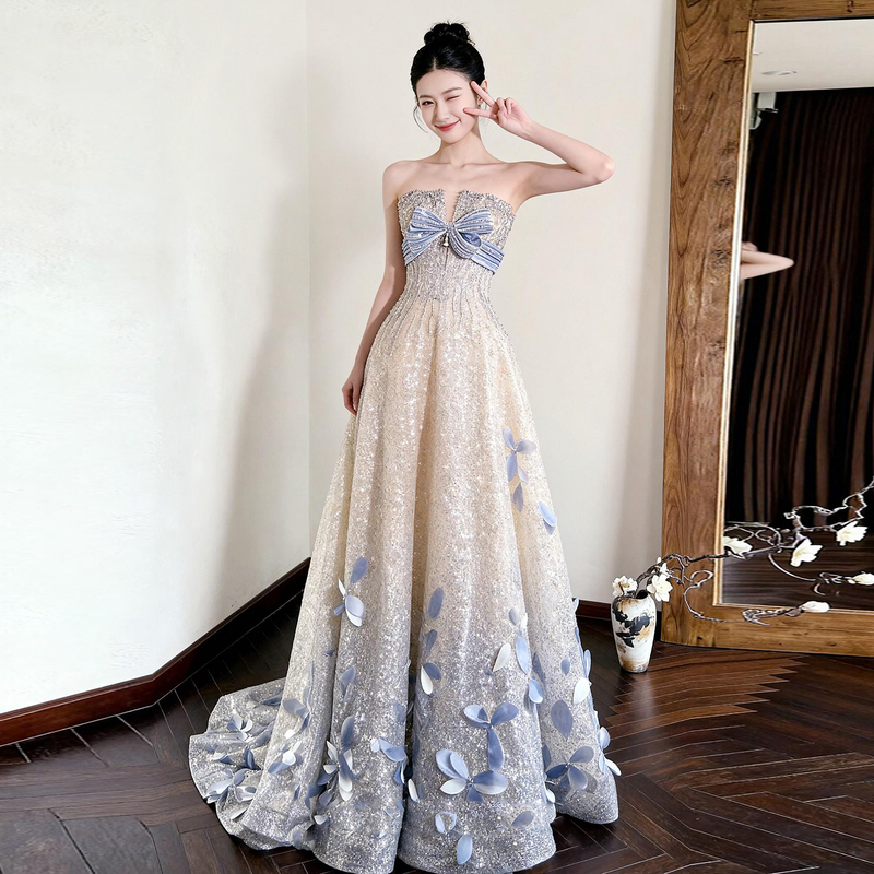 Strapless Bow Sequin Evening Dress for Women, French-Style Banquet Bridal Toast Dress, Light Luxury Heavy-Duty Hostess Dress Strapless Bow Sequin Evening Dress for Women, French-Style Banquet Bridal Toast Dress, Light Luxury Heavy-Duty Hostess Dress