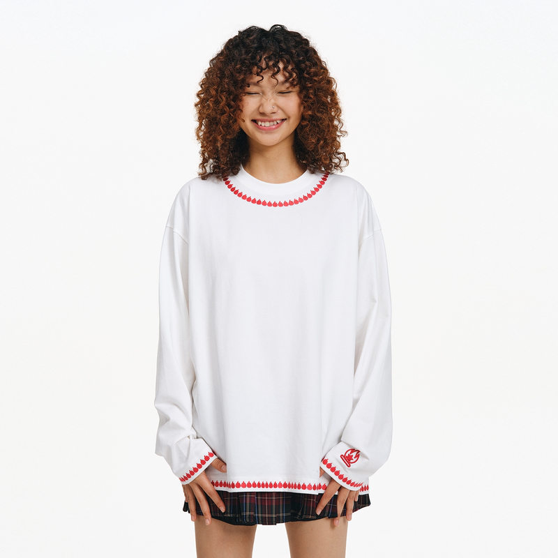 Burnin* Little Flame Embroidery Necklace Long Sleeve T-Shirt for Men and Women, Autumn Basic Casual Loose Solid Color Top, Versatile