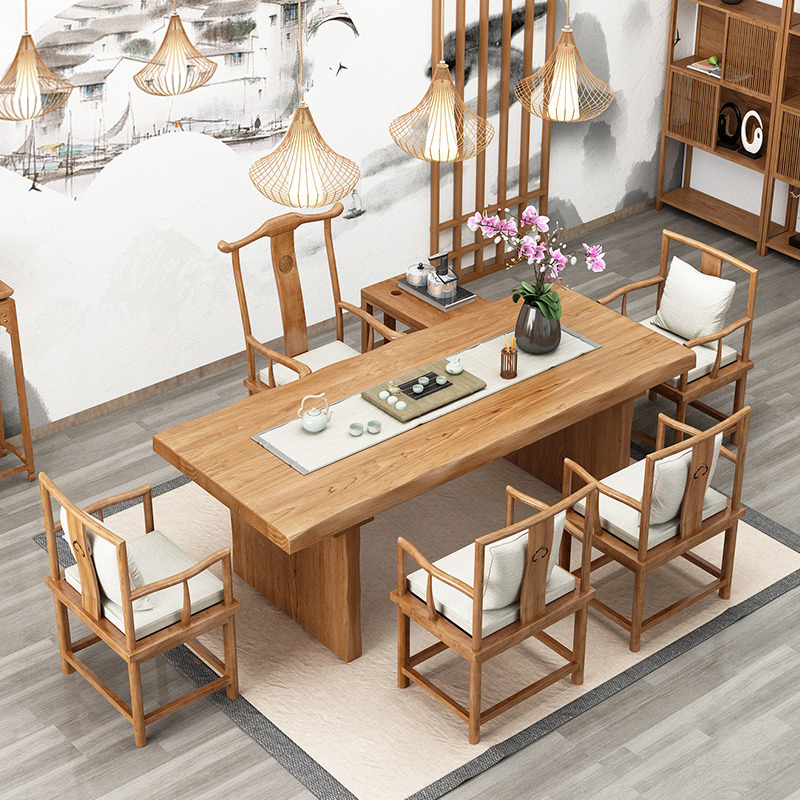 Solid wood large plate tea table utilita tea Several new Chinese log loft desk chairs combine big bandai boss table