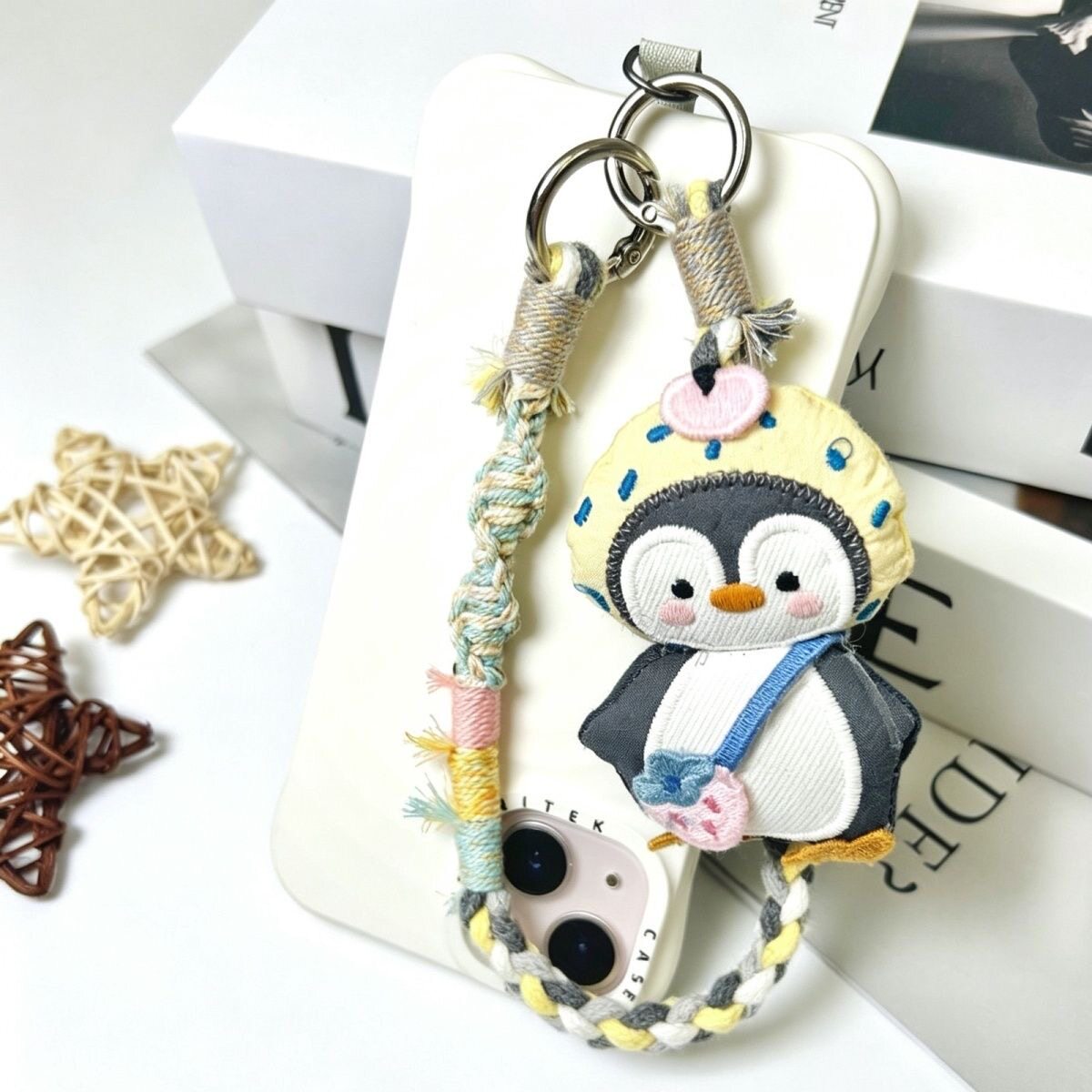 Strawberry Penguin Short Mori Girl Cute Keychain Pendant Handmade Woven Gift Phone Strap Phone Chain