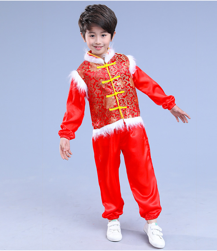 Trang phục lễ hội mừng năm mới cho trẻ em Lễ hội mùa xuân Đèn lồng mở màu đỏ Yangge Trẻ em trai và gái nhảy trang phục biểu diễn váy công chúa mầm non