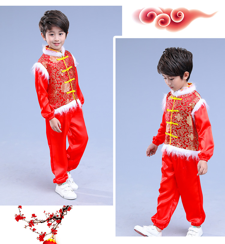 Trang phục lễ hội mừng năm mới cho trẻ em Lễ hội mùa xuân Đèn lồng mở màu đỏ Yangge Trẻ em trai và gái nhảy trang phục biểu diễn váy công chúa mầm non