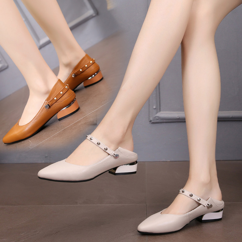 2023 spring and summer new soft-soled pointy-toe single shoes Mary Jane shoes women Korean version tide shallow mouth leather mid-heel thick-heel women's shoes