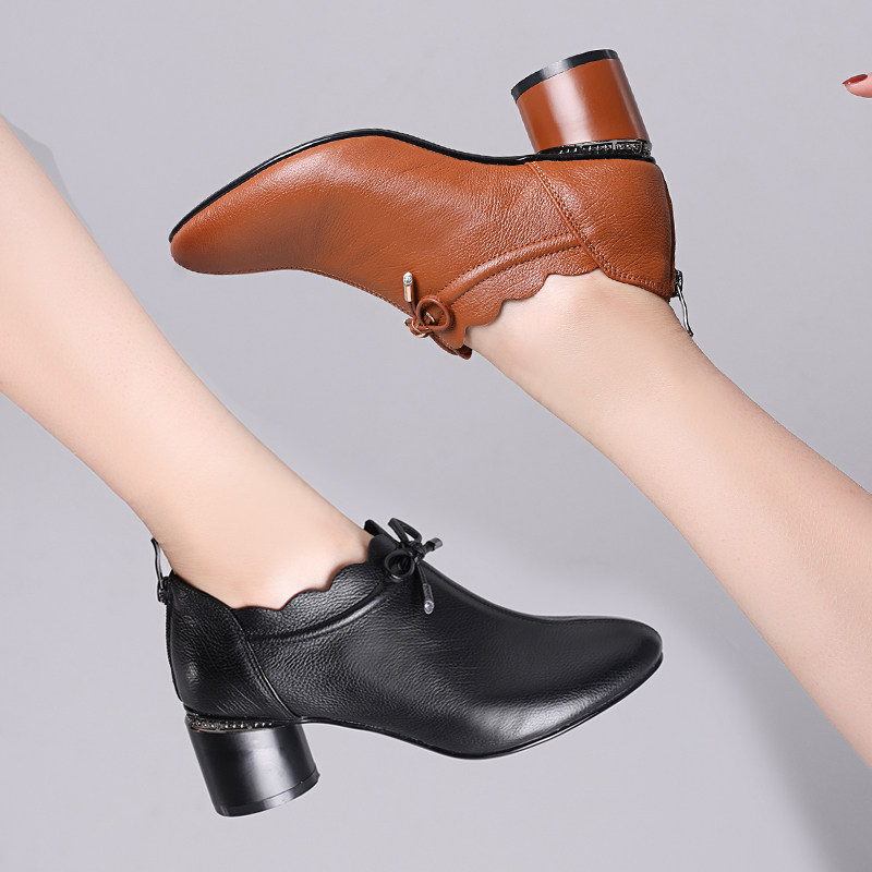 Spring and autumn single shoes woman 2023 new genuine leather Korean version round head with women's shoes red leather shoes 34 deep-mouth shoes female crude heel-Taobao
