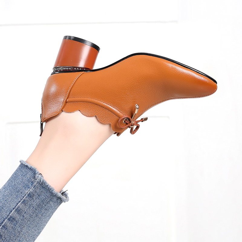 High-heeled short boots women's early autumn 2022 new leather Korean version thick-heeled single boots middle-heeled bare boots large size women's shoes 41-43