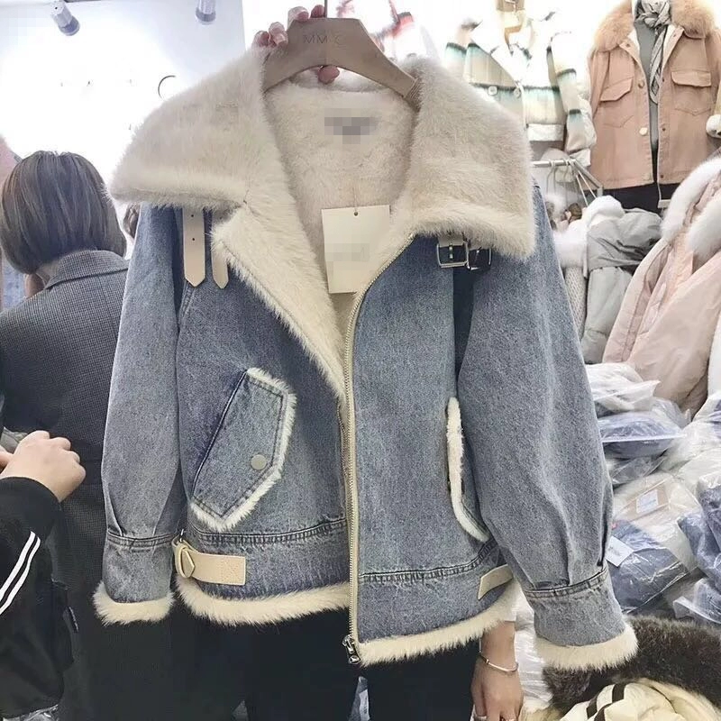 Áo khoác len nữ mùa đông áo len cotton cộng với nhung dày lông cừu cổ áo nhung denim áo khoác ngắn nữ áo phao burberry nữ