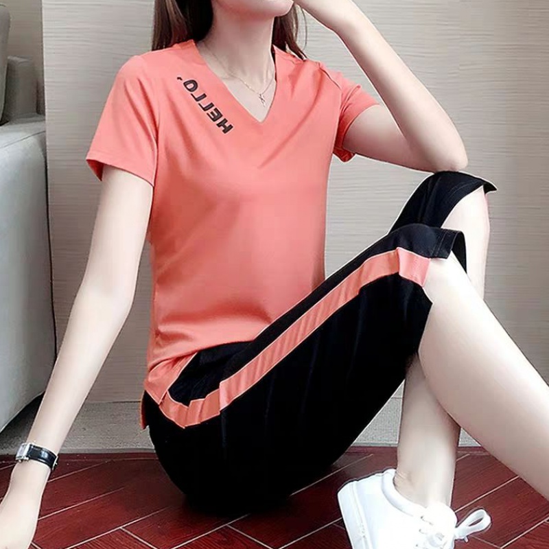 Pure Cotton Casual V Collar Short Sleeve Sportswear Suit Women Fashion Summer Dress 2021 New Running Seven Pants Two Sets