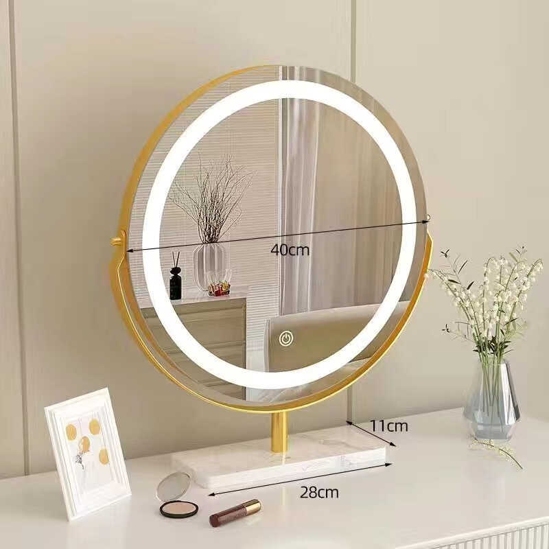 Led Light Circular Desktop Makeup Mirror with Marble Base and Fill-In Lighting