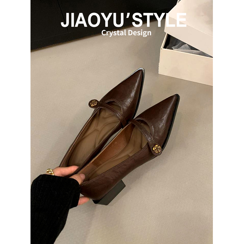 本革〜Jiaoyuレトロ浅口ハイヒールカメリアワンワードバックル太ヒールシングルシューズポインテッドトゥ気質メリージェーンシューズ