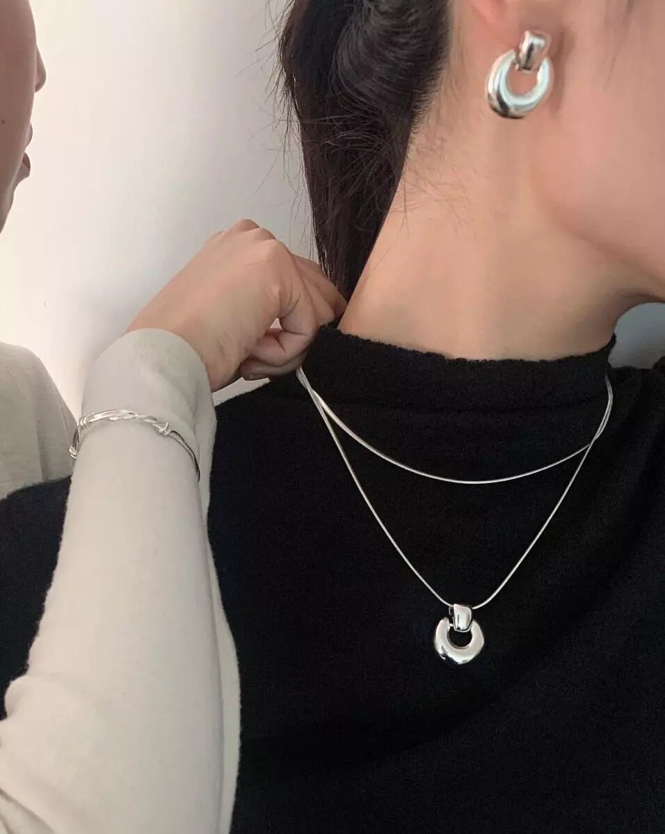 New Crescent Gold and Silver Necklace Necklace Copper Gold Plated Light Luxury Retro Double Clavicle Chain