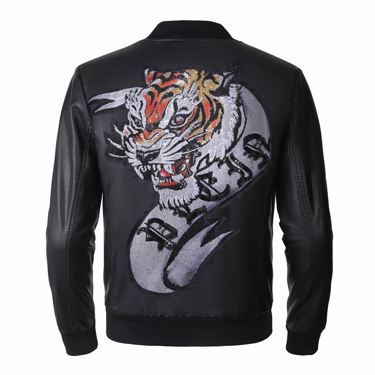 Men's Pp Leather Jacket with Tiger Head Rhinestones, Autumn and Winter Trendy Slim Fit Stand Collar Nightclub Biker Jacket Men's Pp Leather Jacket with Tiger Head Rhinestones, Autumn and Winter Trendy Slim Fit Stand Collar Nightclub Biker Jacket
