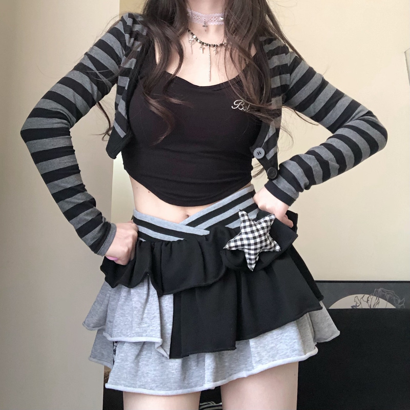 Sold Out, No Restock. Ju* Design, Y2K Style, Gray and Black Patchwork, Light American Retro Layered Versatile Short Skirt