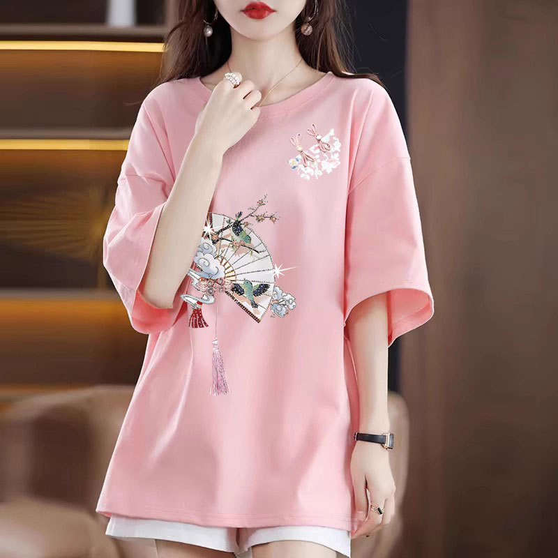 Pink Short-Sleeved T-Shirt for Women, Pure Cotton, 2026 New Style, Mid-Length, Loose Fit, Oversized Round Neck Top, Slimming, Trendy ins