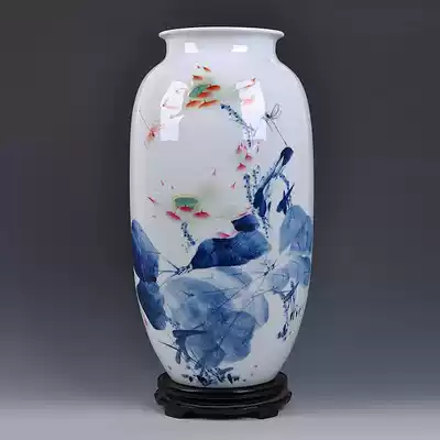 Jingdezhen ceramic ornaments Hand-painted blue and white relief large vase living room flower arrangement porch Chinese decoration craft gift decoration