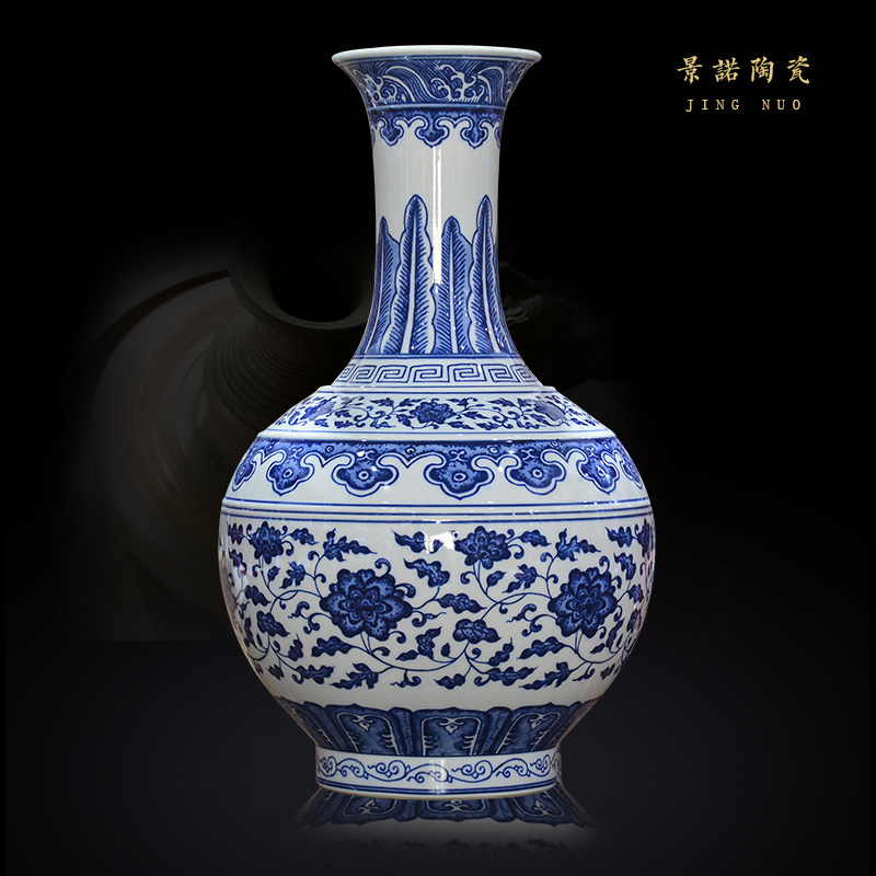 Jingdezhen ceramic ware Chinese imitation ancient hand painted green flower Porcelain Dry Flower Vase Pendulum-in-Living Room Flower Arrangement Home Decorations