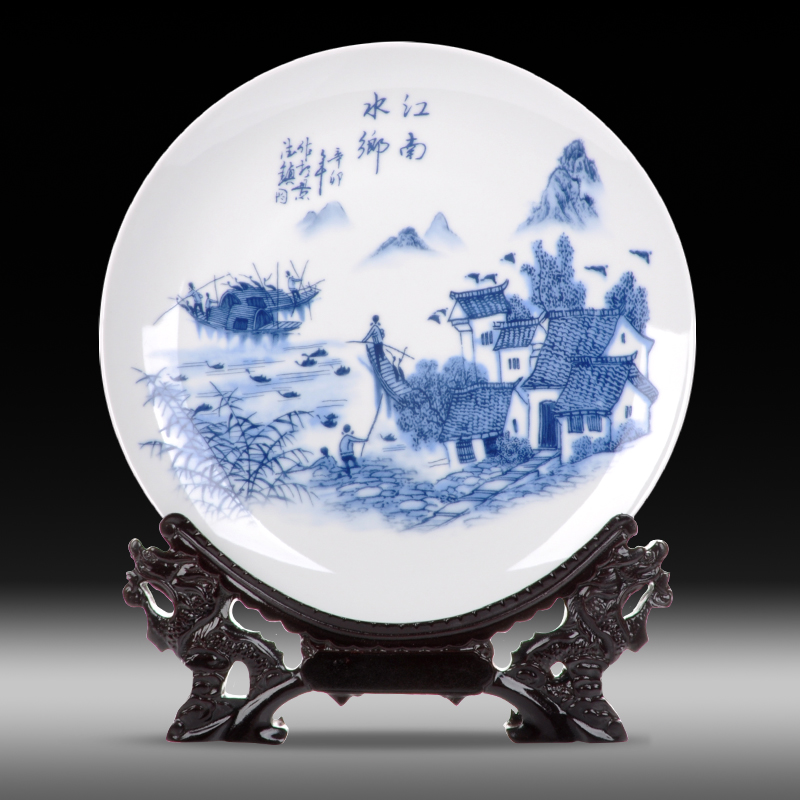 Jingdezhen ceramics sitting plate hanging plate Jiangnan water town living room decoration plate new Chinese decoration table ornaments