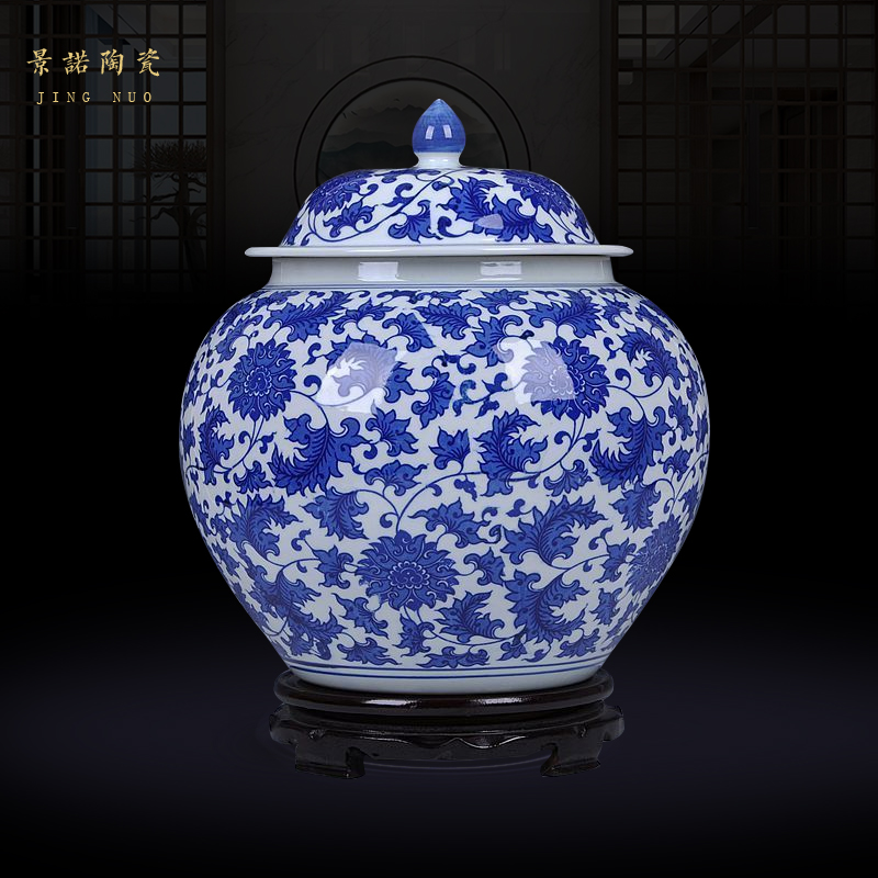 Blue and white porcelain of jingdezhen ceramics bound lotus flower general large jar jar storage tank pickled decoration furnishing articles