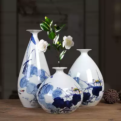 Jingdezhen porcelain vase hand-painted Qinghe three-piece home decoration decoration flower arrangement decoration craft living room ceramic decoration