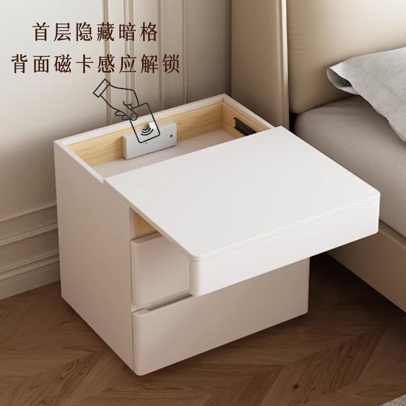 Bedside Table with Hidden Compartment, Drawer with Lock, Swipe Card Sensor to Unlock, Simple Modern Storage Cabinet for Home Bedroom, Floor-Standing Model