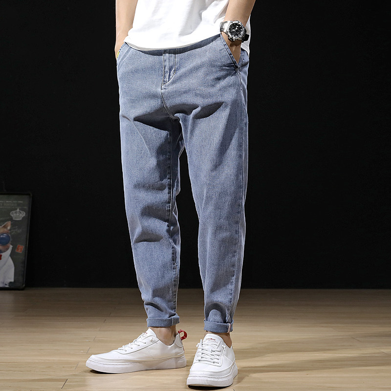 Summer light color elastic jeans for men slim slim feet fashion Korean version of all-match nine point pants for men summer thin