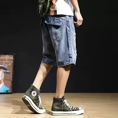 Summer ripped denim shorts men's five-point pants loose tide brand beggar horse pants men's large size fat five-point pants tide