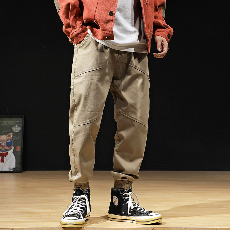 Drawstring casual trousers men's autumn ins overalls loose stretch fat khaki pants fat increase tide